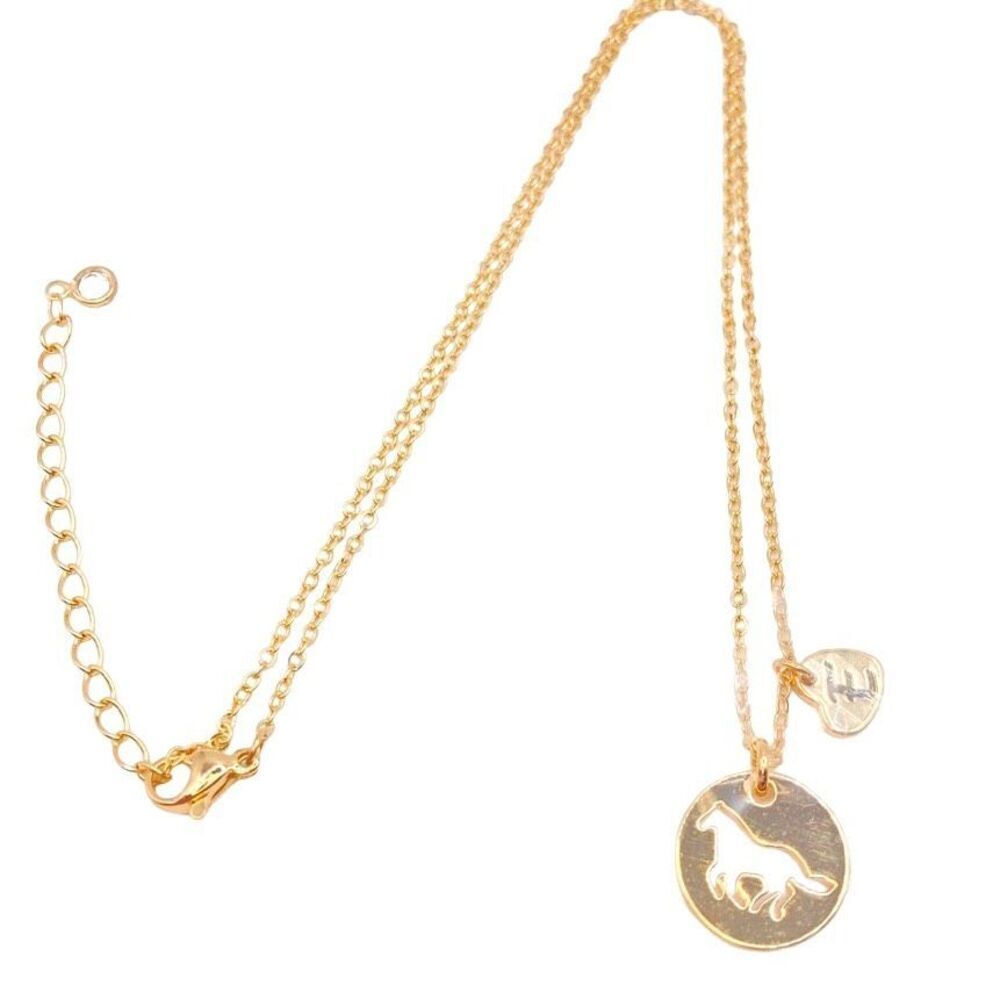 Dainty gold horse pendant initial E necklace